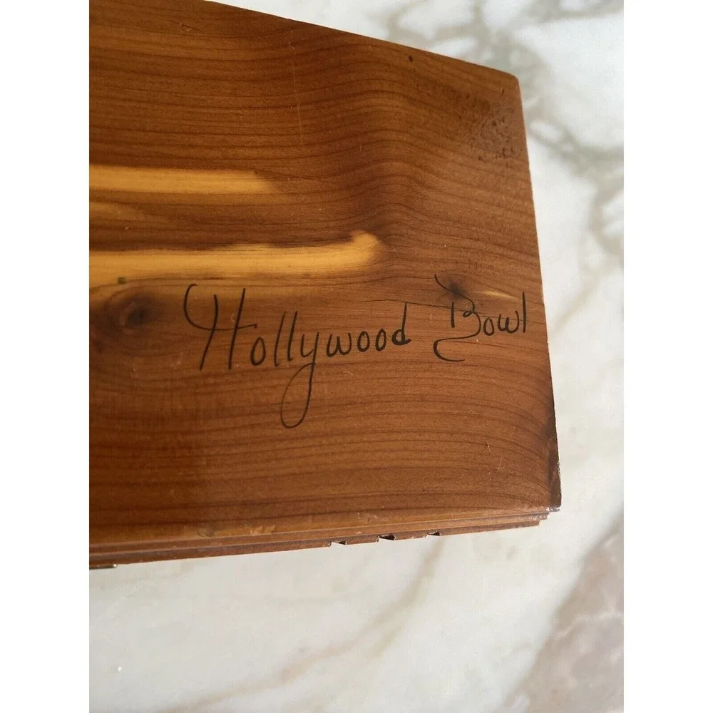 Vintage Handcrafted Cedar Wood Box With Hollywood Bowl Engraving & Hinged Lid